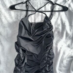 Black Satin Ruched Dress